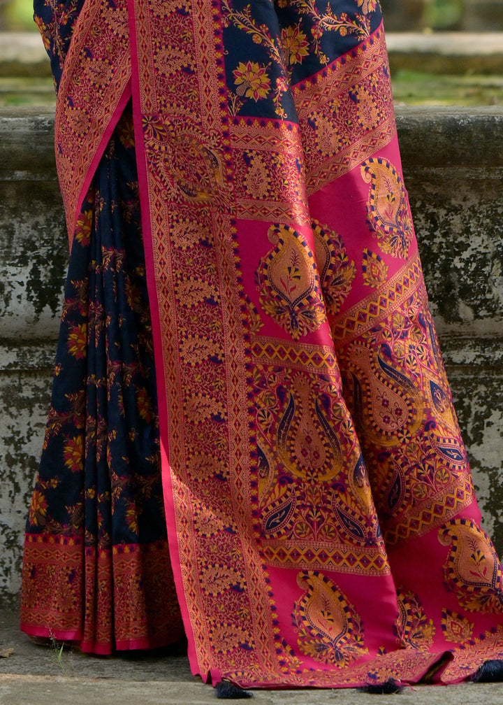 Navy Blue Thread Woven Pashmina Silk Saree With Heavy Thread Woven Pallu - qivii