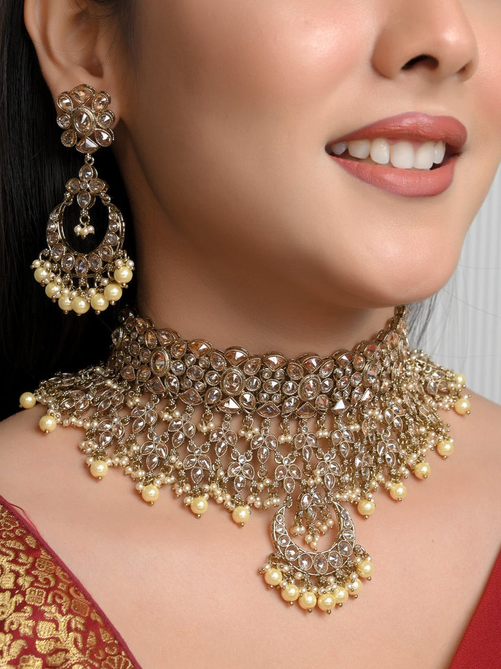  Traditional Polki Choker Necklace and Earring Set for Women 