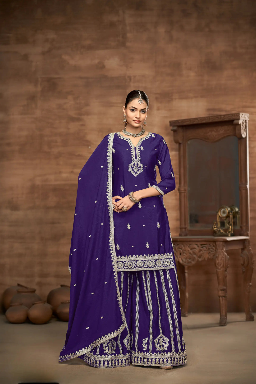Purple Chinon Palazzo Salwar Suit With Thread & Sequins Embroidery Work - qivii