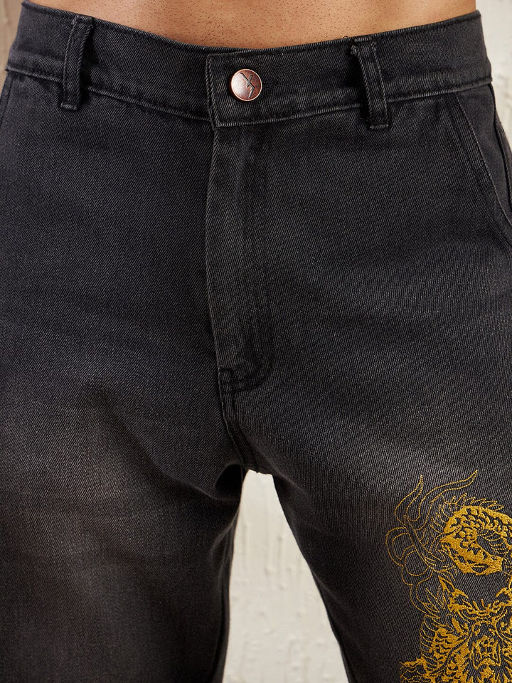Black Dragon Embroidery Flared Denim
