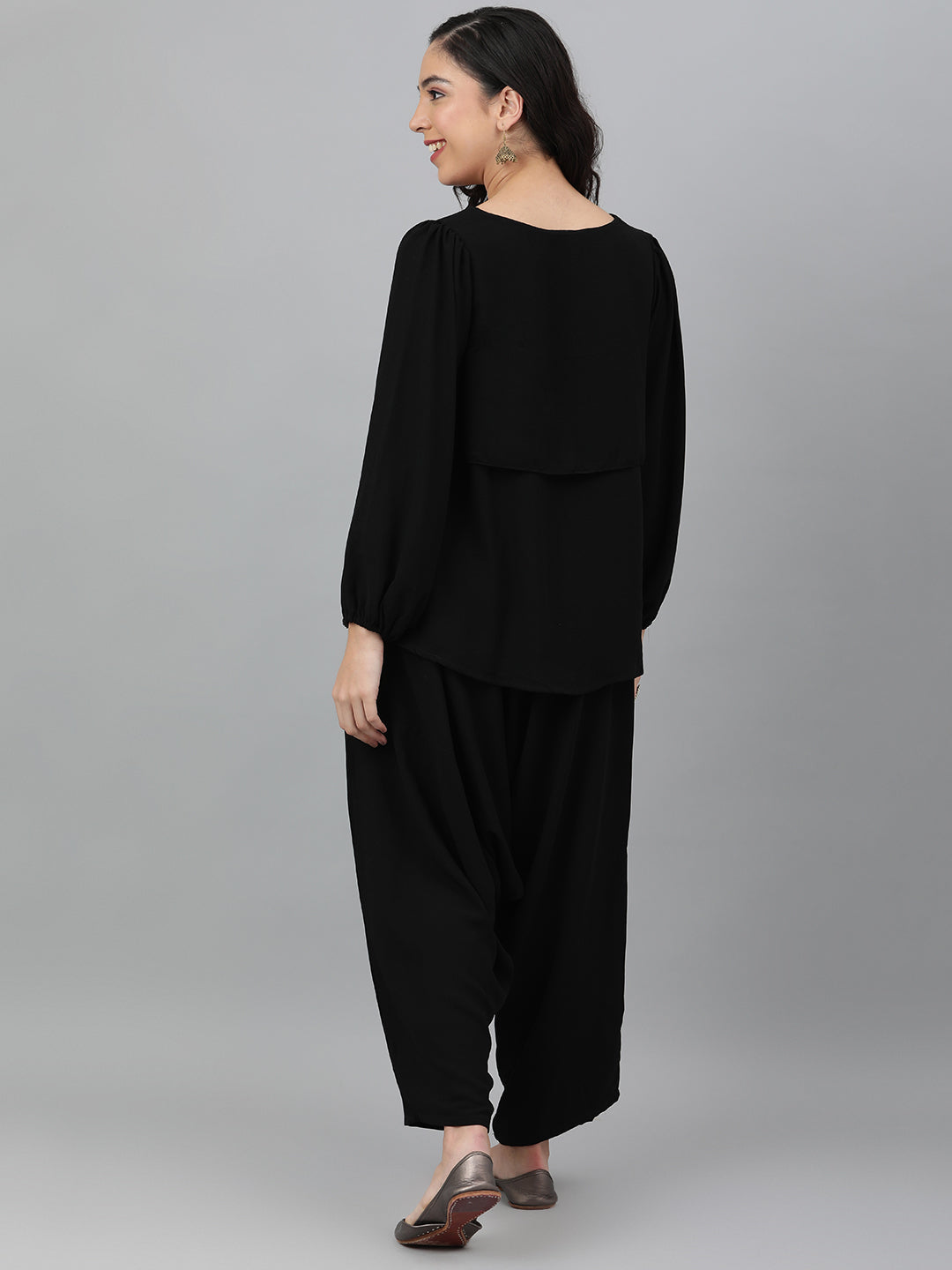 Black Poly-Twill Layered Top With Harem Pant