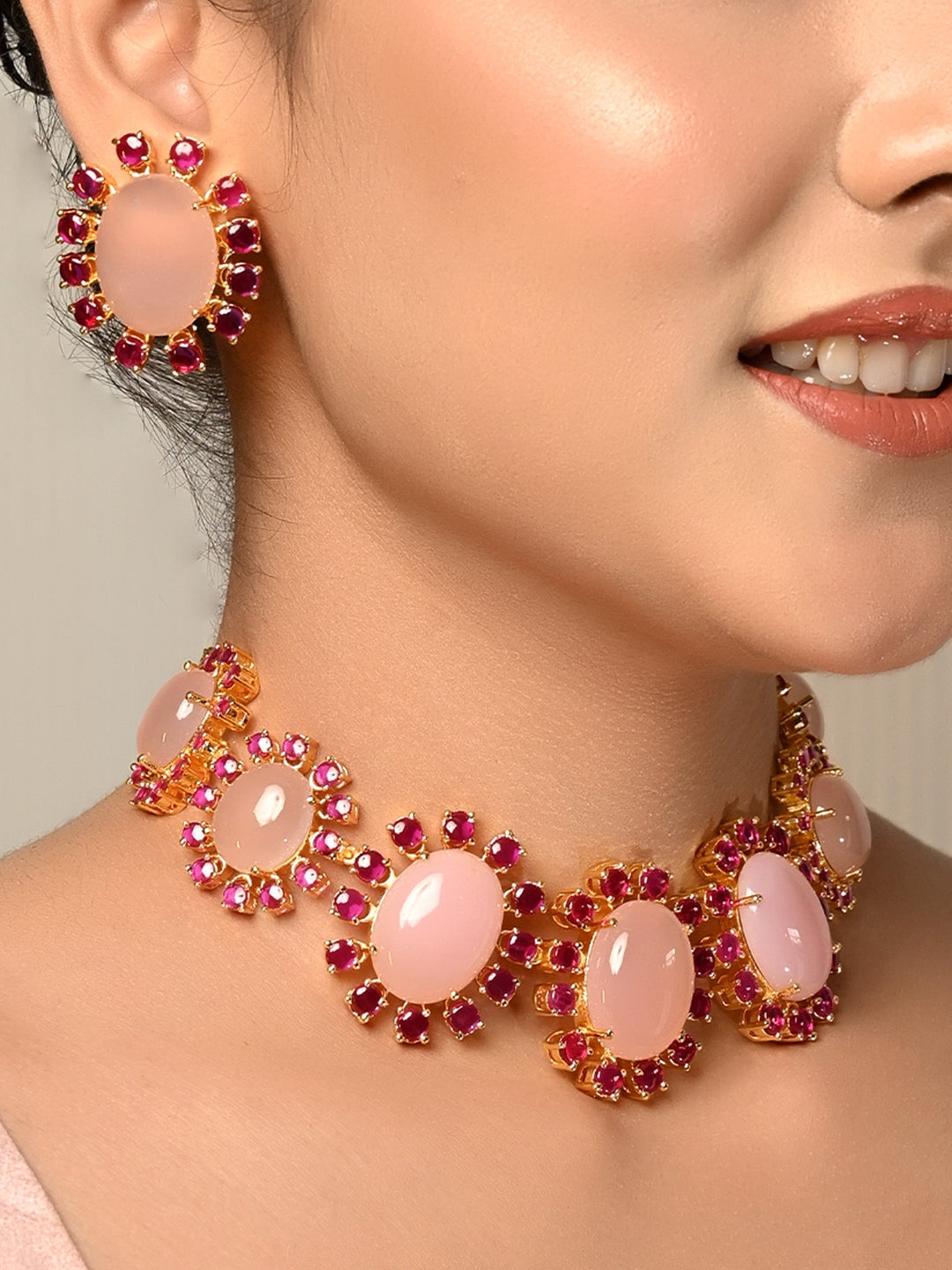 Handcrafted Edana Ruby & Baby Pink Natural Stone Necklace Set with gold accents