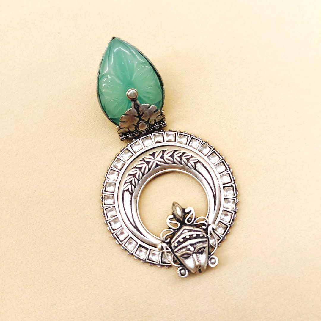 Handcrafted Mayura Mint Green Stone Temple Earrings with Silver Plating
