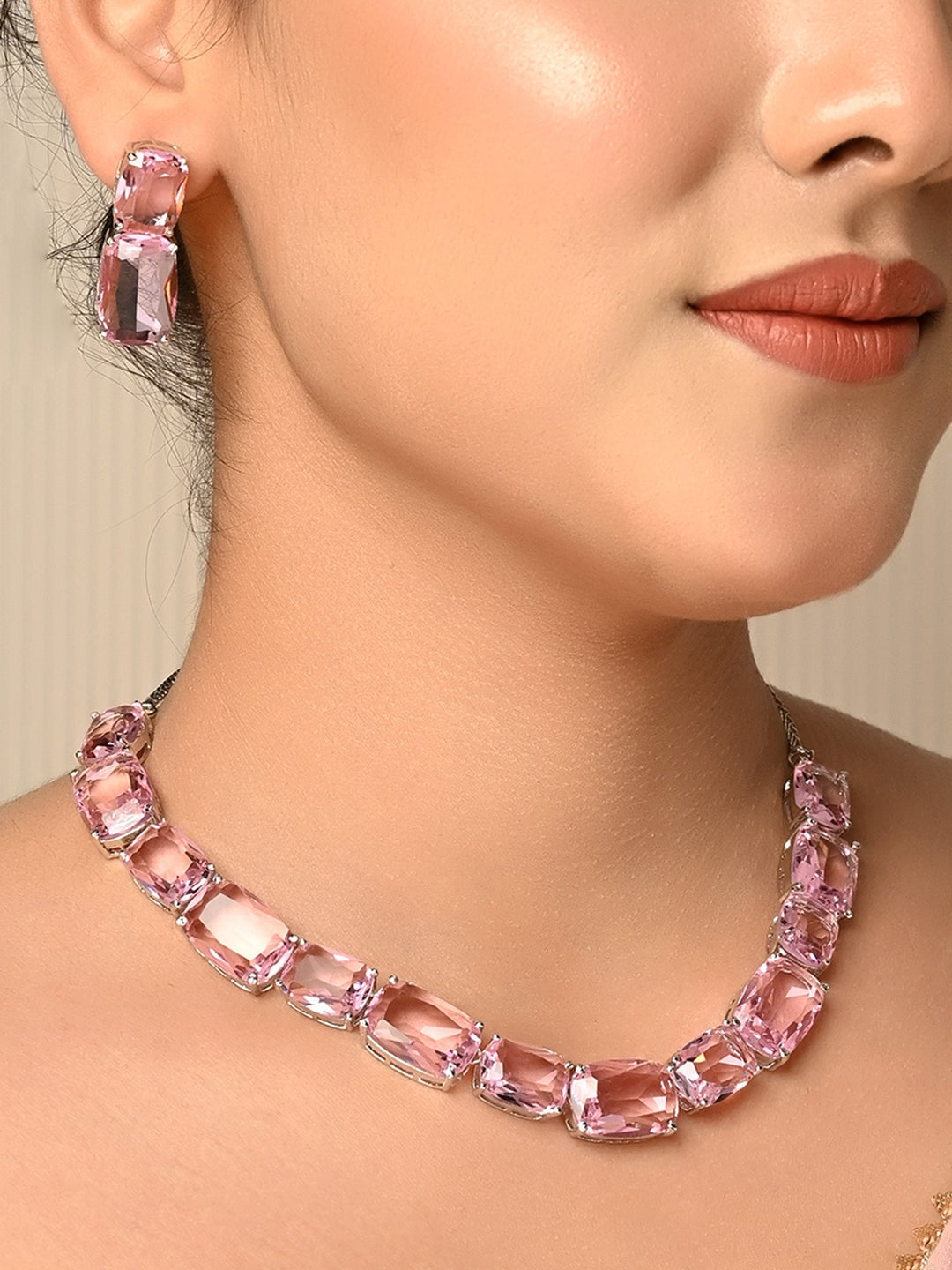  Beautiful Swarovski Stone Necklace Set in pink, made with high-quality silver plated brass metal