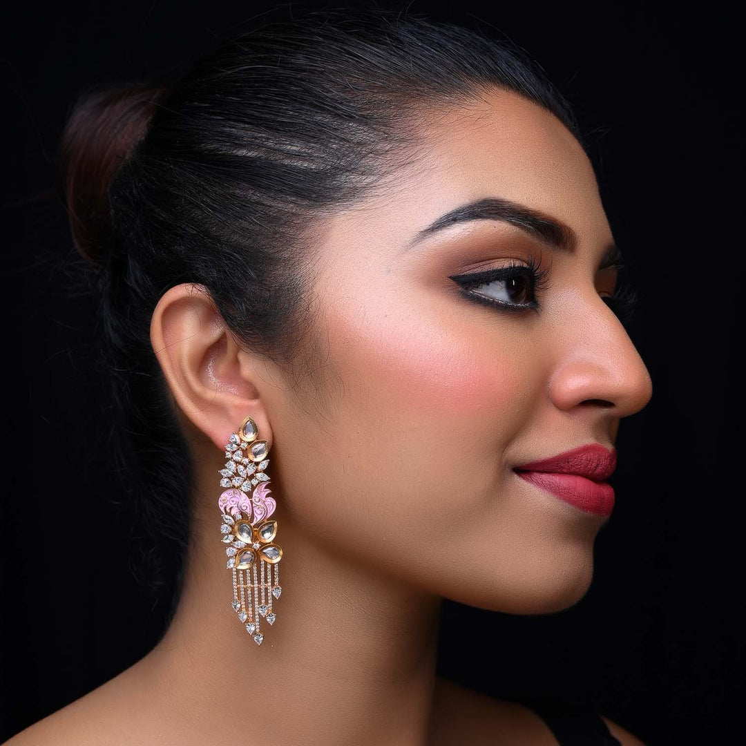 Beautiful traditional Indian fusion Kundan and American diamond earrings with fancy cut shape stones and meenakari work in long danglers 