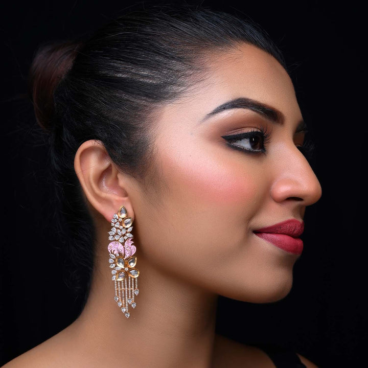 Beautiful traditional Indian fusion Kundan and American diamond earrings with fancy cut shape stones and meenakari work in long danglers 