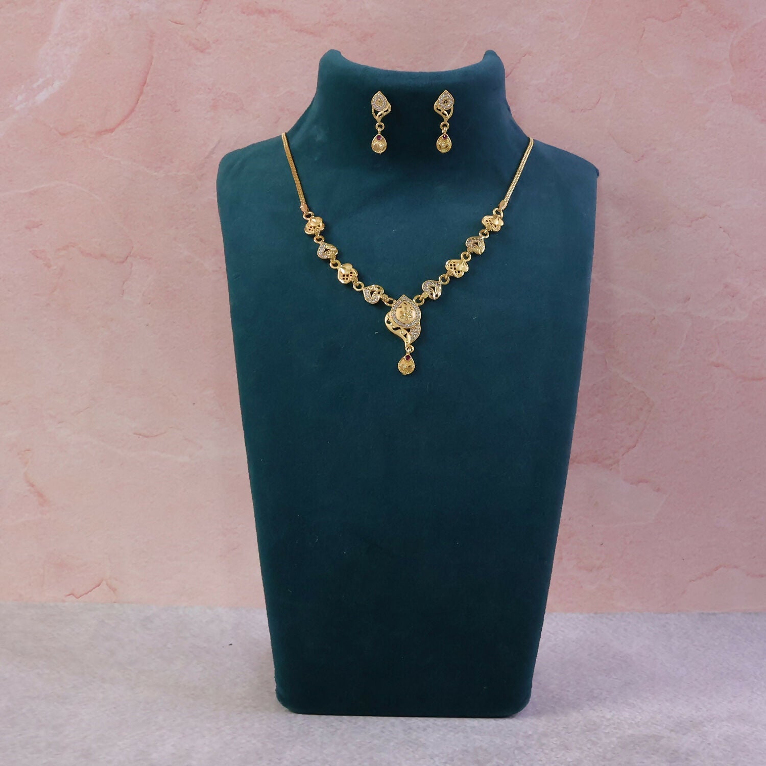 Elegant Gold-Tone Heart Motif Necklace Set with Designer Pendant & Matching Drop Earrings