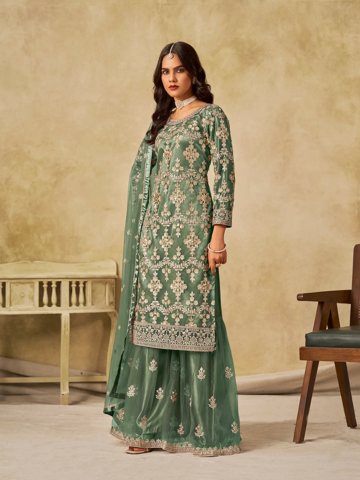 Hazel Green Net Palazzo Suit With Sequins Embroidery - qivii