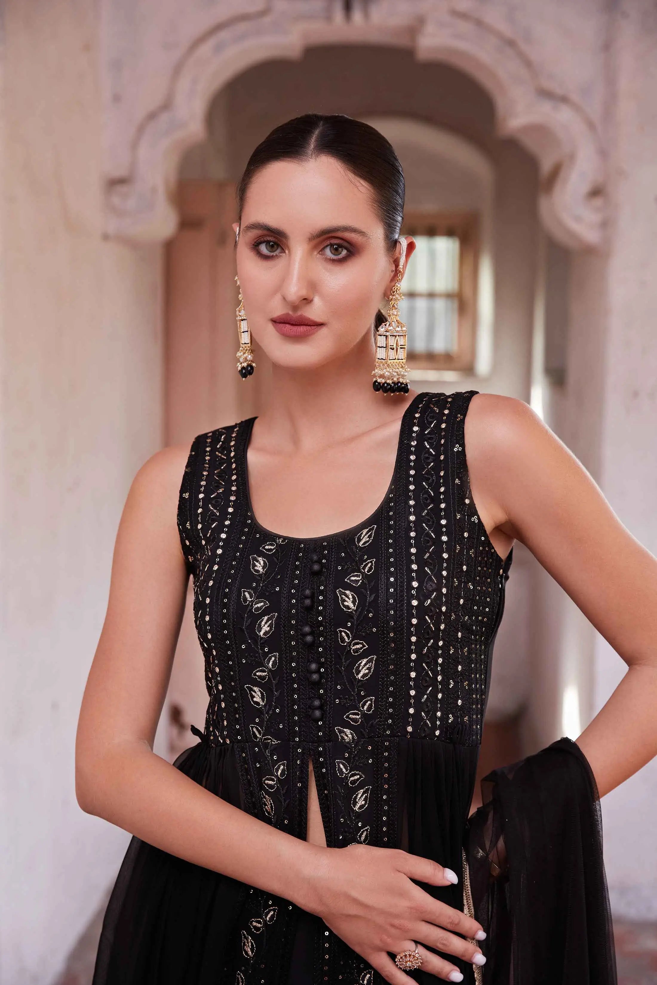 Black Embellished With Thread Sequins Embroidery Work Indo Western With Dupatta