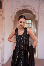 Black Embellished With Thread Sequins Embroidery Work Indo Western With Dupatta