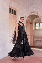 Black Embellished With Thread Sequins Embroidery Work Indo Western With Dupatta
