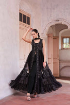 Black Embellished With Thread Sequins Embroidery Work Indo Western With Dupatta