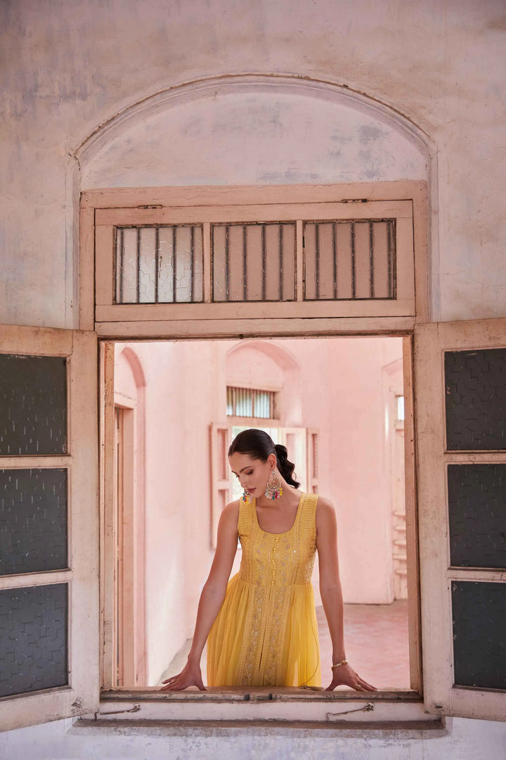 Yellow Embellished With Thread Sequins Embroidery Work Indo Western With Dupatta - qivii