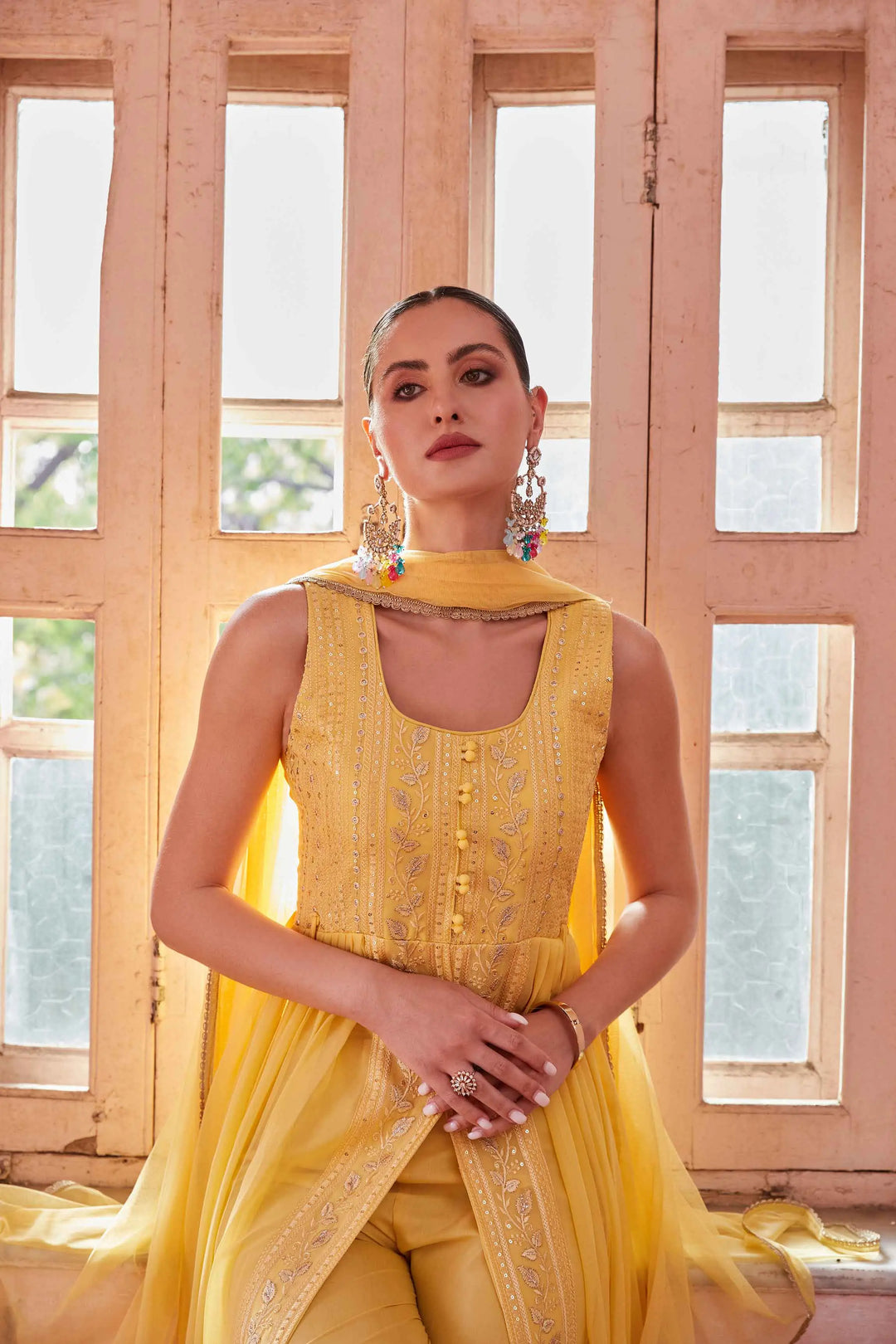 Yellow Embellished With Thread Sequins Embroidery Work Indo Western With Dupatta - qivii
