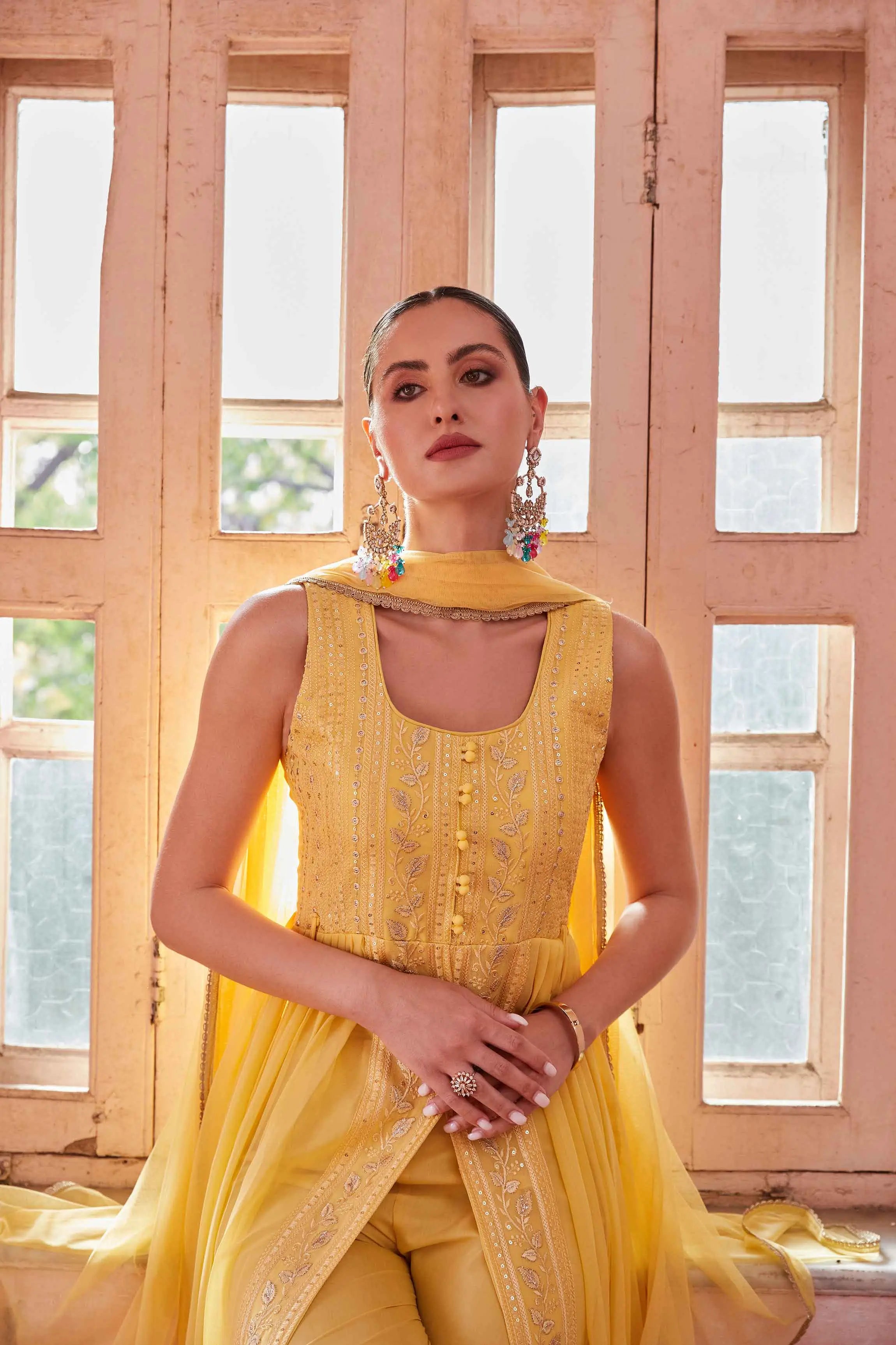 Yellow Embellished With Thread Sequins Embroidery Work Indo Western With Dupatta