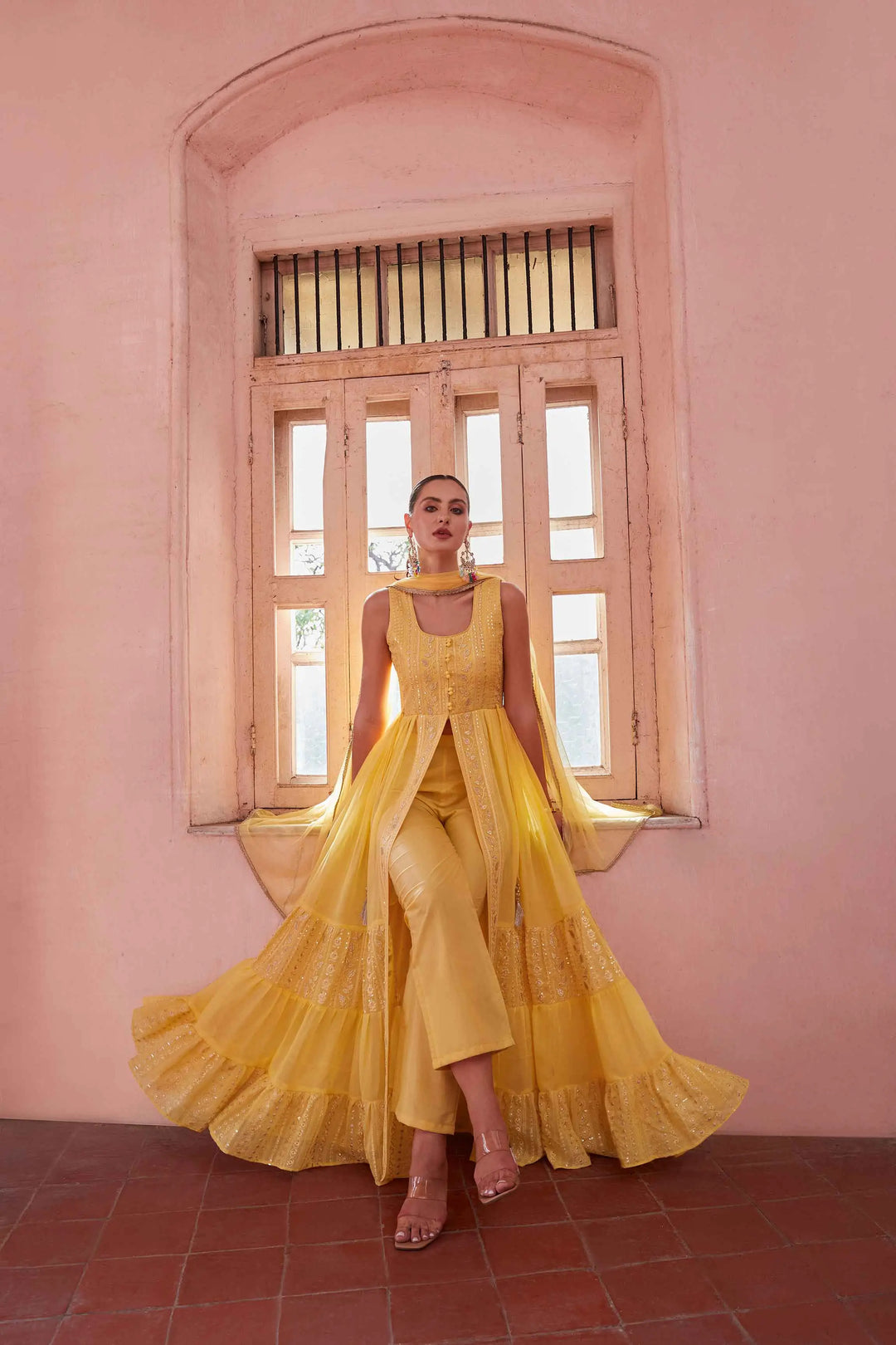 Yellow Embellished With Thread Sequins Embroidery Work Indo Western With Dupatta - qivii