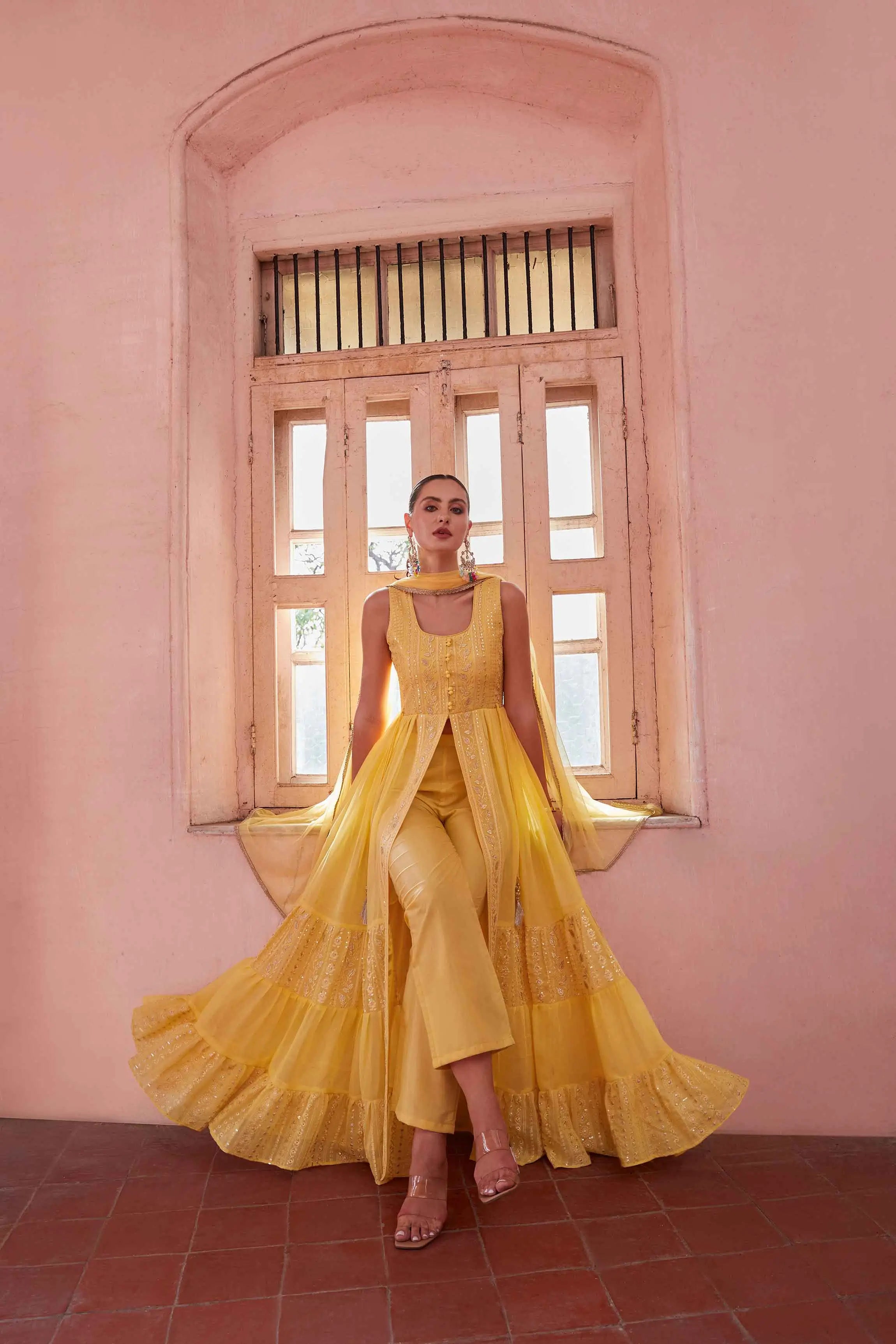 Yellow Embellished With Thread Sequins Embroidery Work Indo Western With Dupatta