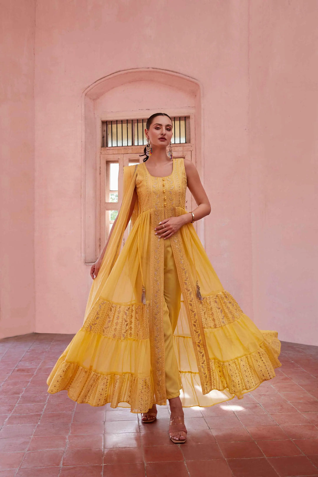 Yellow Embellished With Thread Sequins Embroidery Work Indo Western With Dupatta - qivii