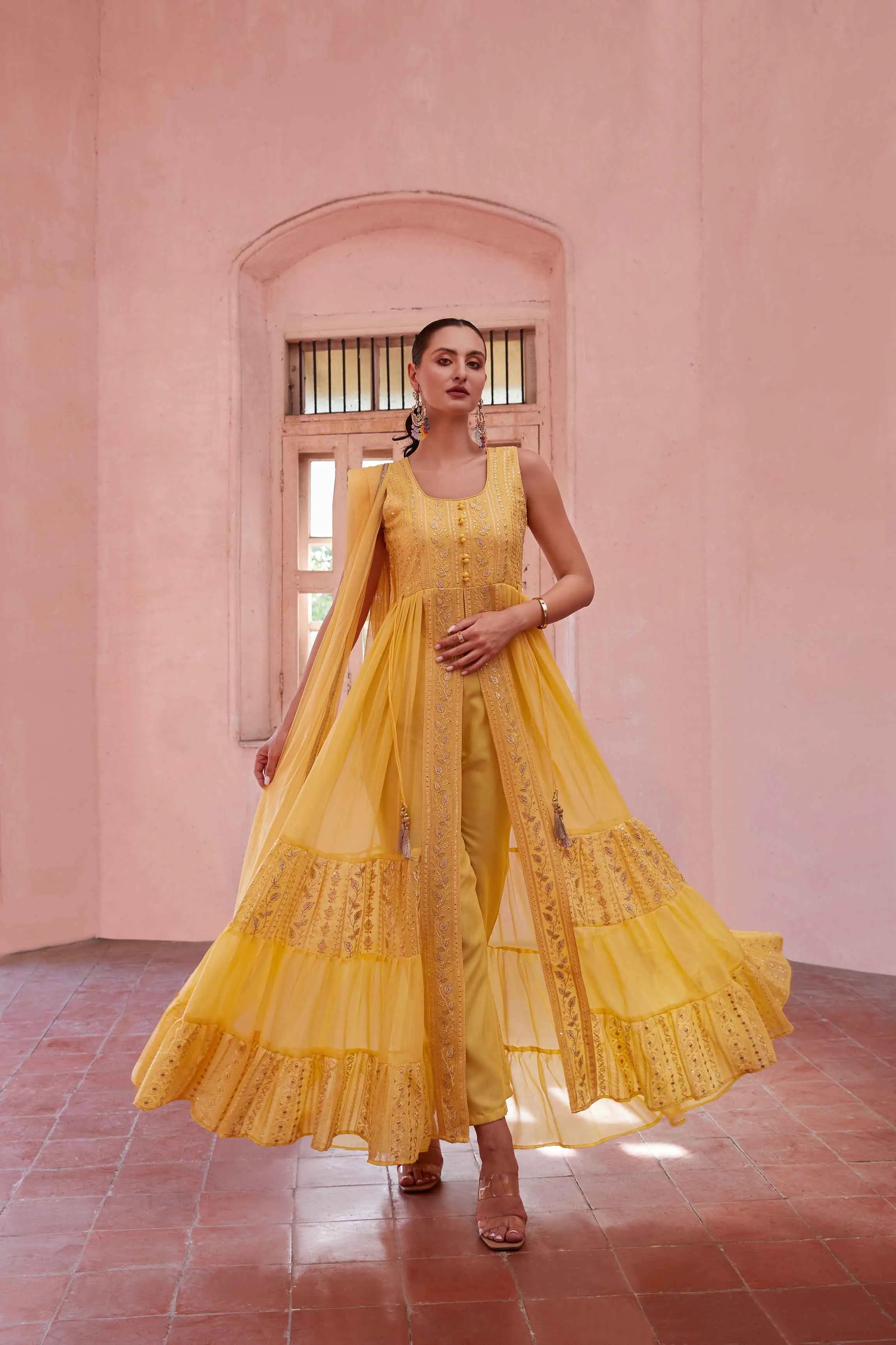 Yellow Embellished With Thread Sequins Embroidery Work Indo Western With Dupatta