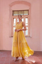 Yellow Embellished With Thread Sequins Embroidery Work Indo Western With Dupatta