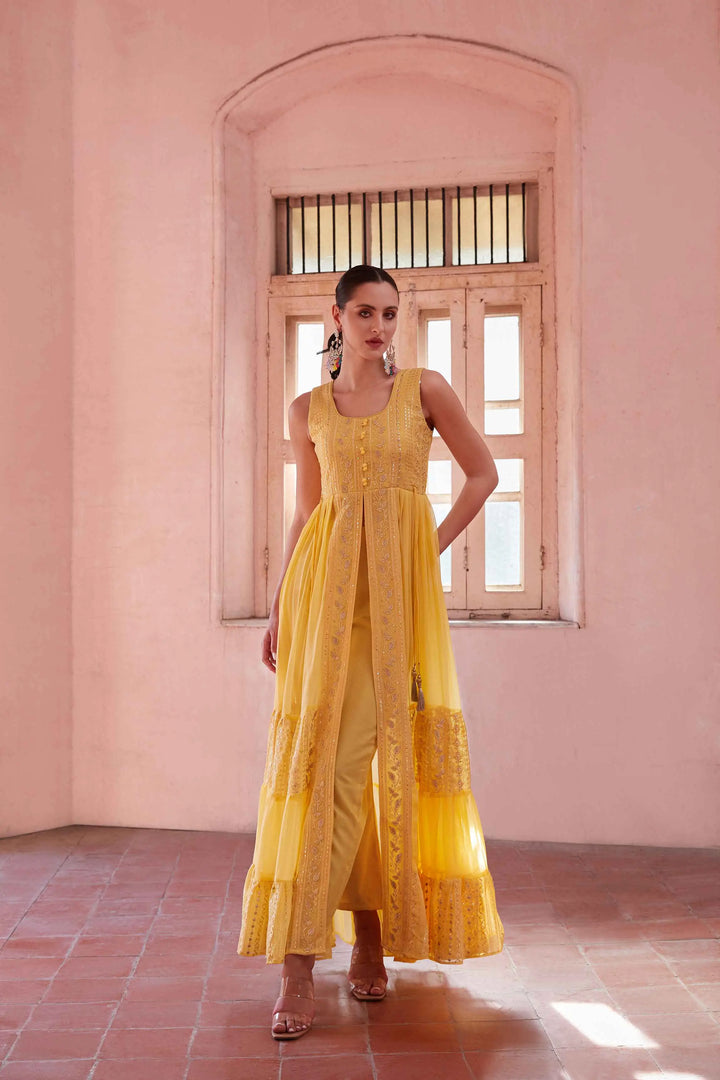 Yellow Embellished With Thread Sequins Embroidery Work Indo Western With Dupatta - qivii