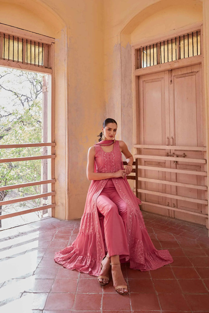 Gajri Pink Embellished With Thread Sequins Embroidery Work Indo Western With Dupatta - qivii