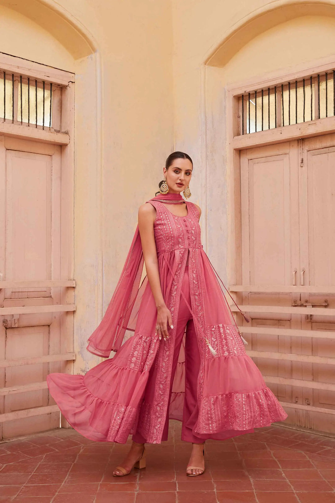 Gajri Pink Embellished With Thread Sequins Embroidery Work Indo Western With Dupatta - qivii