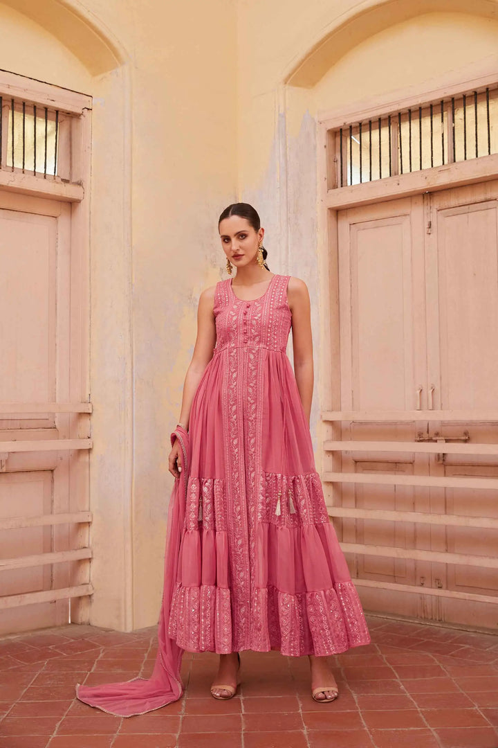 Gajri Pink Embellished With Thread Sequins Embroidery Work Indo Western With Dupatta - qivii