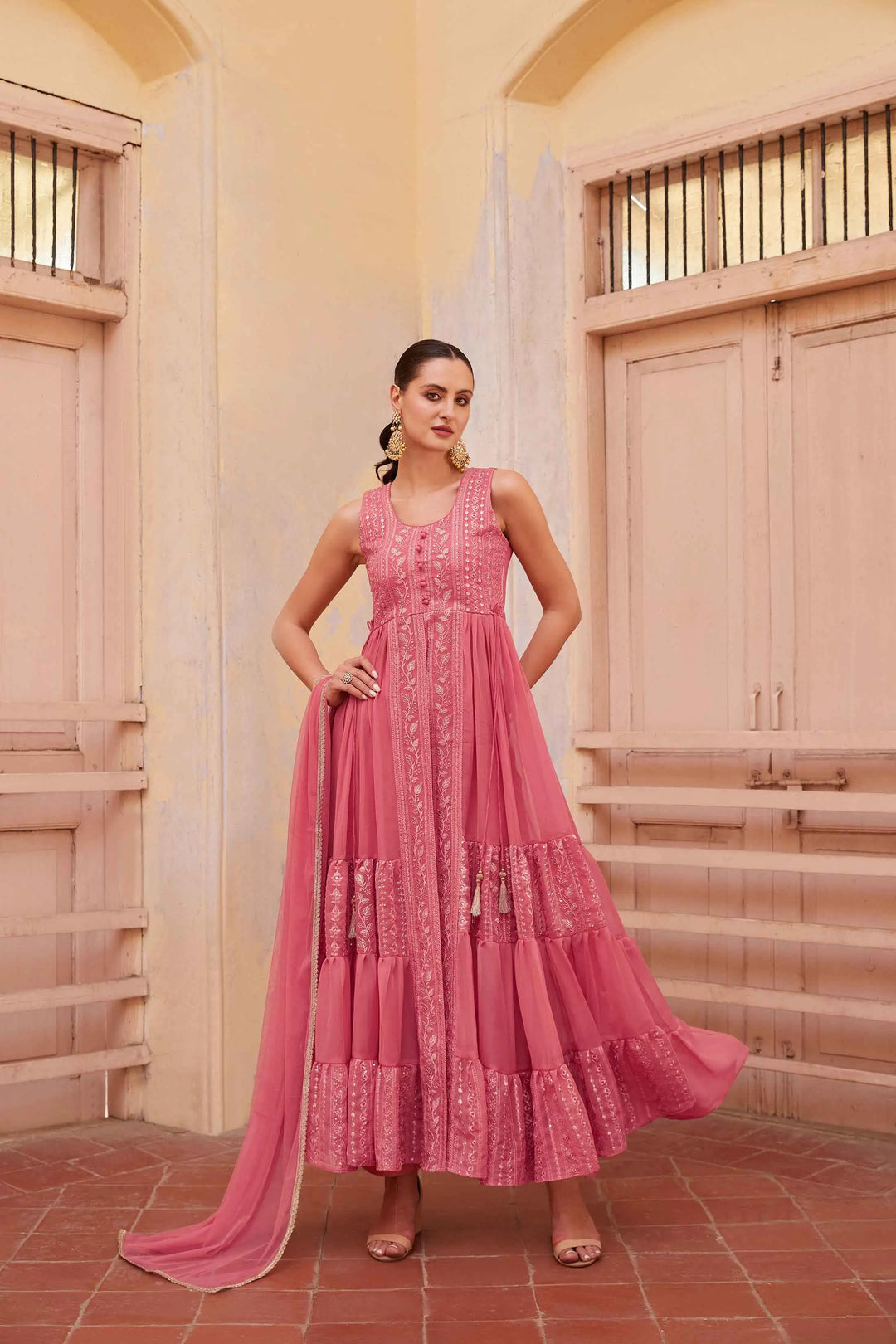 Gajri Pink Embellished With Thread Sequins Embroidery Work Indo Western With Dupatta - qivii