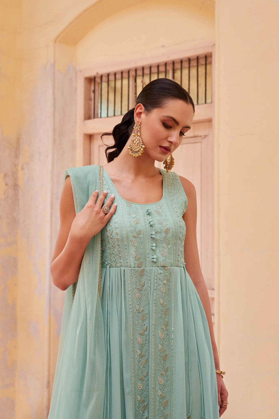 Firozi Embellished With Thread Sequins Embroidery Work Indo Western With Dupatta - qivii