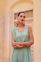 Firozi Embellished With Thread Sequins Embroidery Work Indo Western With Dupatta