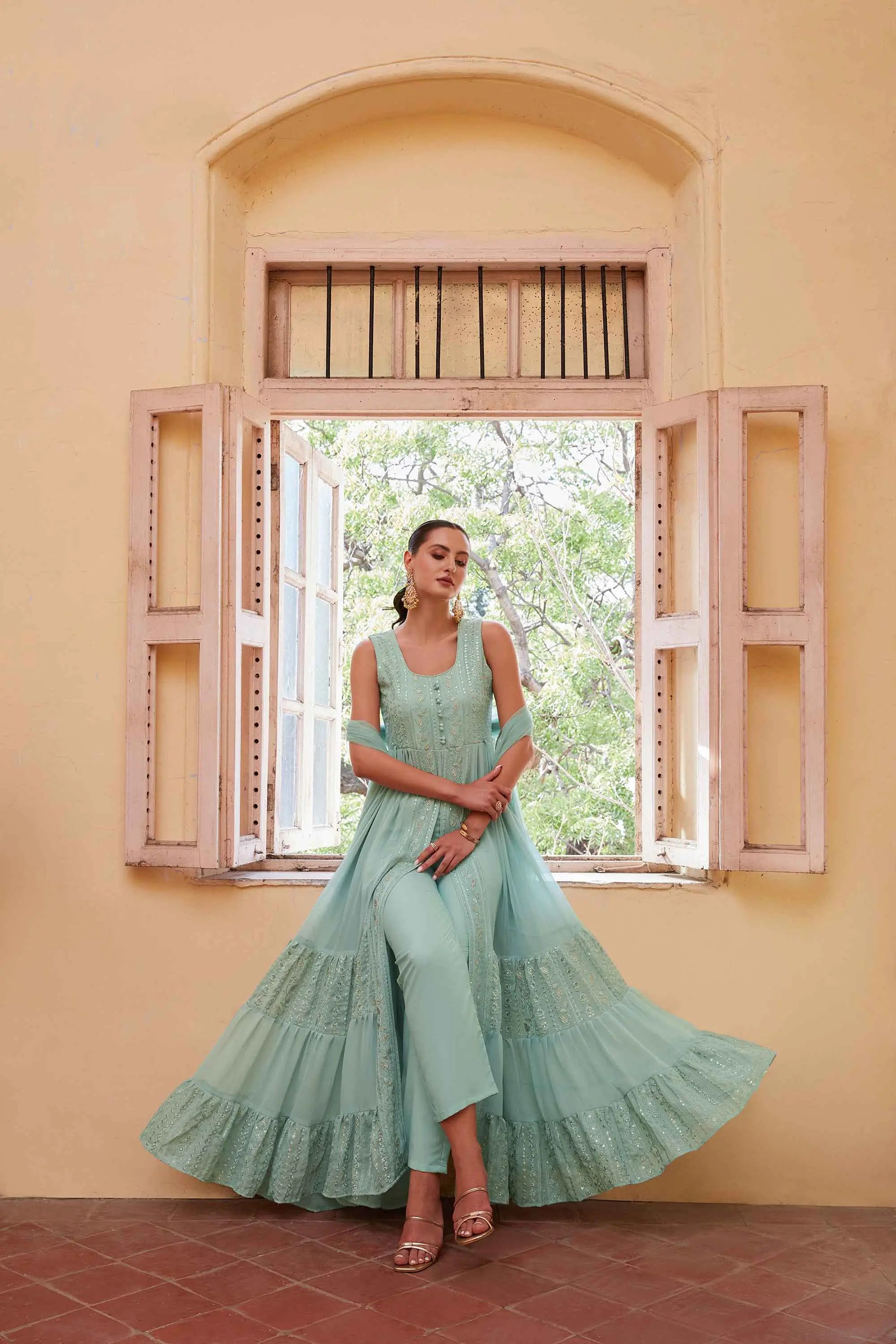 Firozi Embellished With Thread Sequins Embroidery Work Indo Western With Dupatta