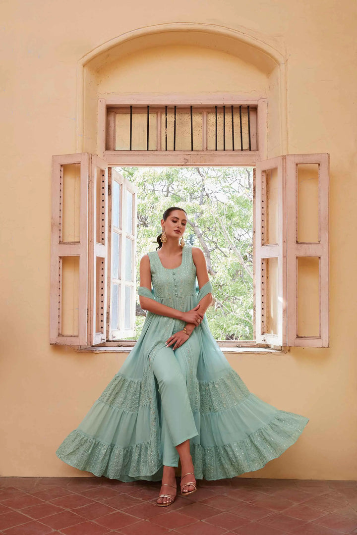 Firozi Embellished With Thread Sequins Embroidery Work Indo Western With Dupatta - qivii