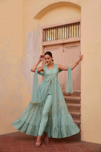 Firozi Embellished With Thread Sequins Embroidery Work Indo Western With Dupatta