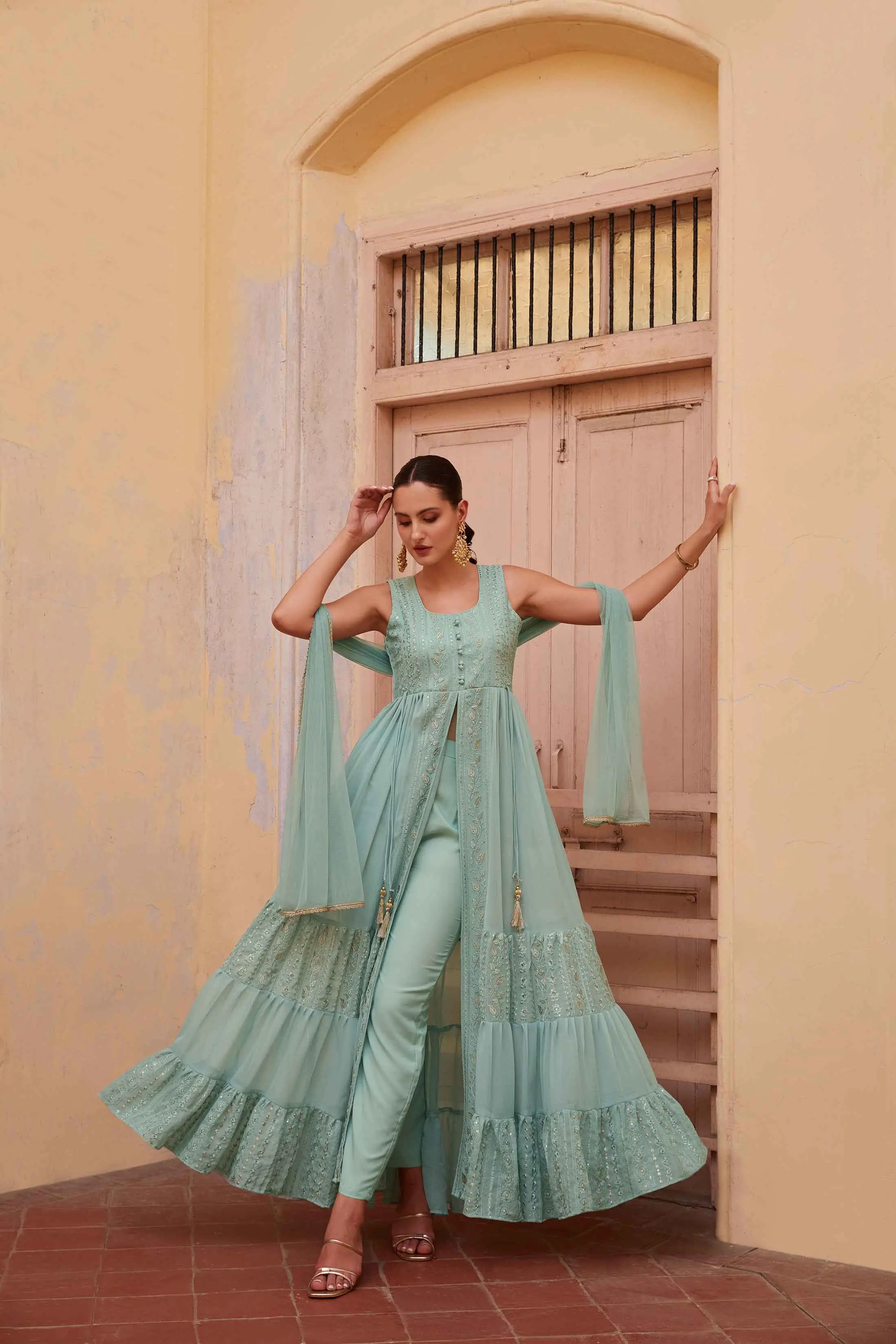 Firozi Embellished With Thread Sequins Embroidery Work Indo Western With Dupatta