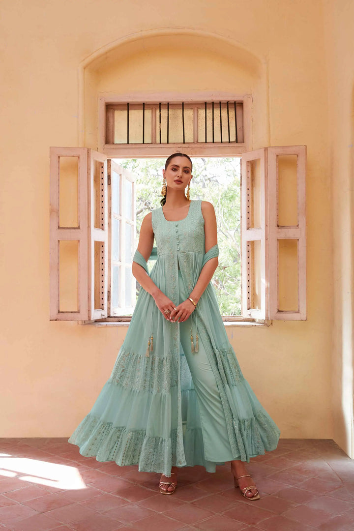 Firozi Embellished With Thread Sequins Embroidery Work Indo Western With Dupatta - qivii