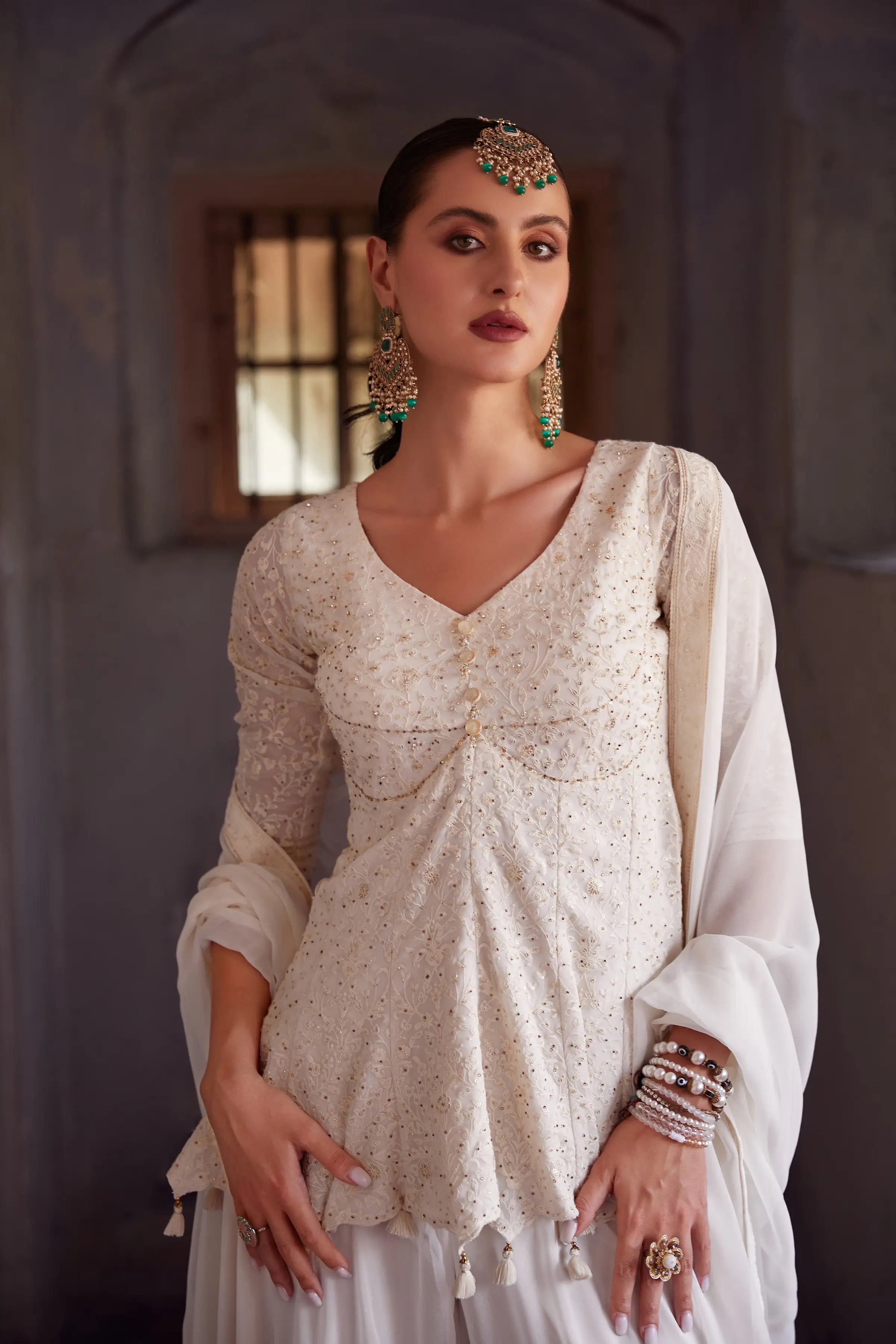 Off White Thread Sequins Embroidery Work Georgette Indo Western With Dupatta