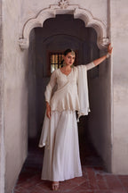 Off White Thread Sequins Embroidery Work Georgette Indo Western With Dupatta