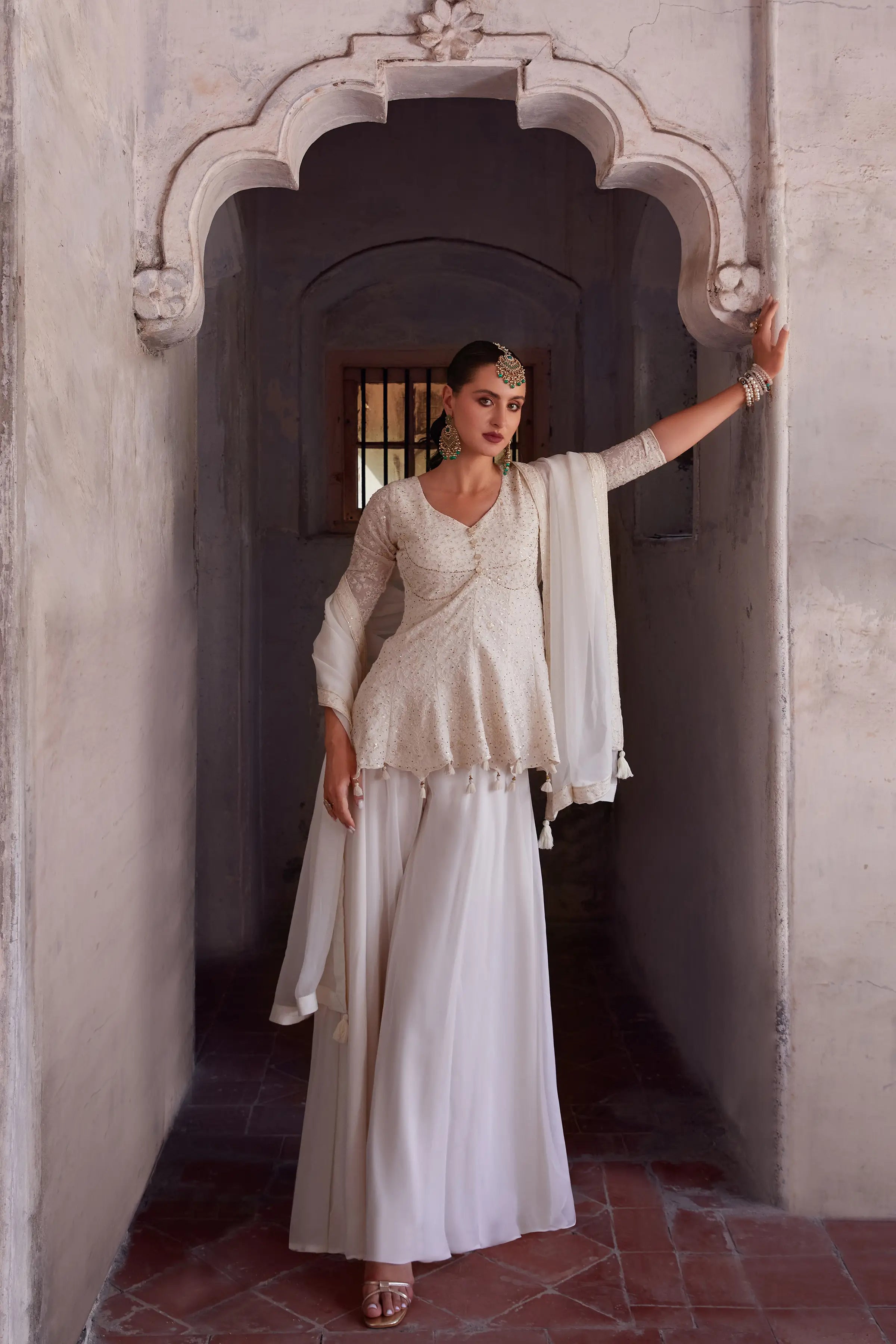 Off White Thread Sequins Embroidery Work Georgette Indo Western With Dupatta