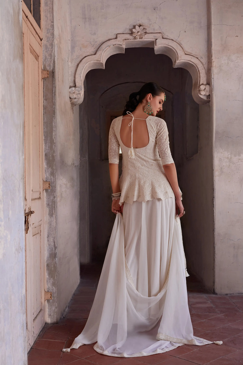 Off White Thread Sequins Embroidery Work Georgette Indo Western With Dupatta