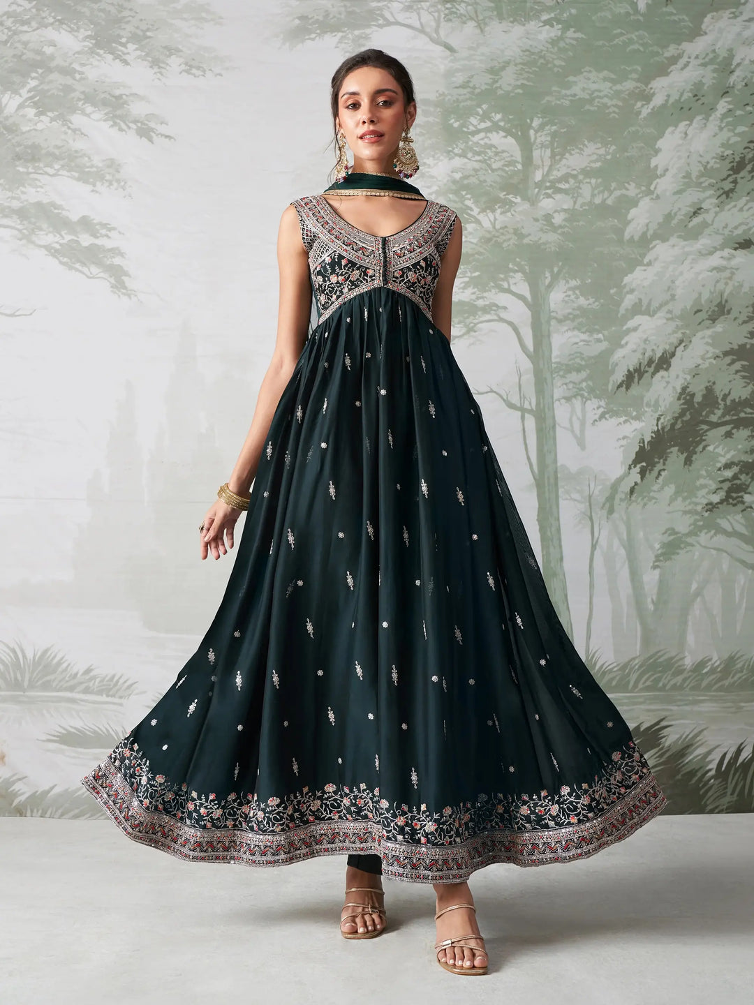Dark Teal Green Multi Thread Embroidered Georgette Anarkali Gown With Dupatta - qivii