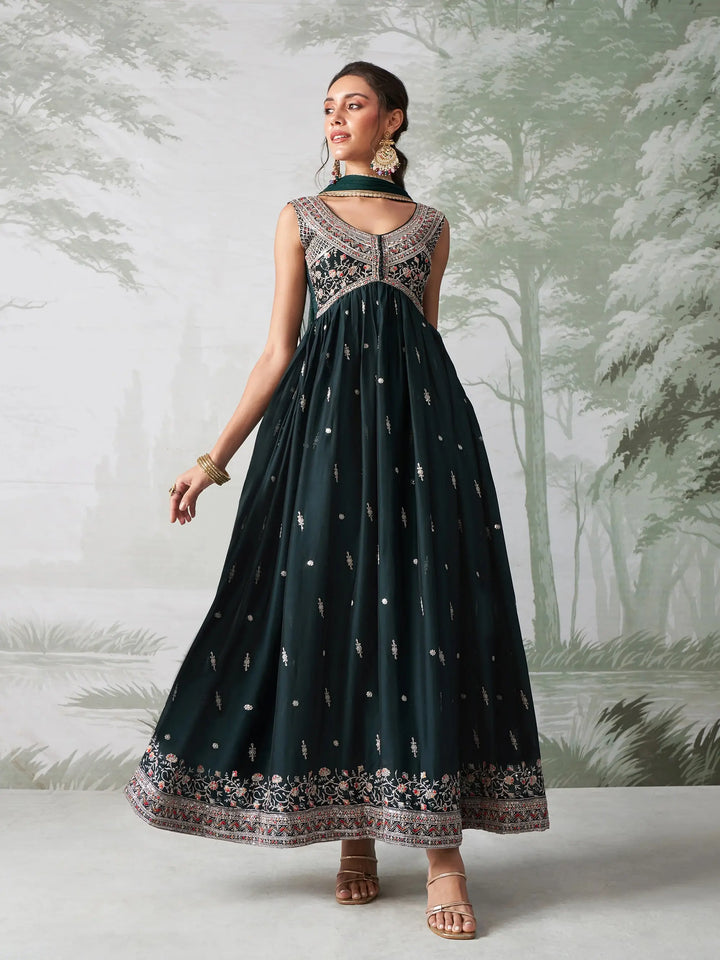 Dark Teal Green Multi Thread Embroidered Georgette Anarkali Gown With Dupatta - qivii