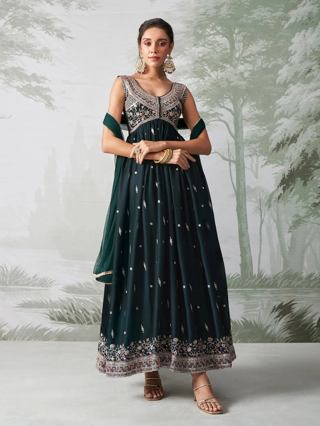 Dark Teal Green Multi Thread Embroidered Georgette Anarkali Gown With Dupatta - qivii