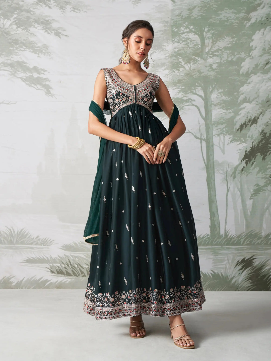 Dark Teal Green Multi Thread Embroidered Georgette Anarkali Gown With Dupatta - qivii