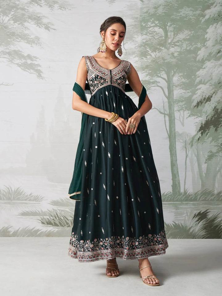 Dark Teal Green Multi Thread Embroidered Georgette Anarkali Gown With Dupatta - qivii