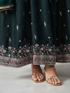 Dark Teal Green Multi Thread Embroidered Georgette Anarkali Gown With Dupatta