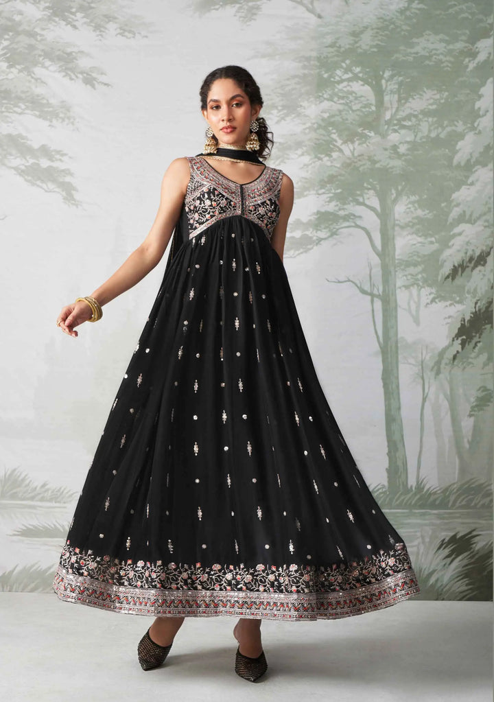 Black Multi Thread Embroidered Georgette Anarkali Gown With Dupatta - qivii