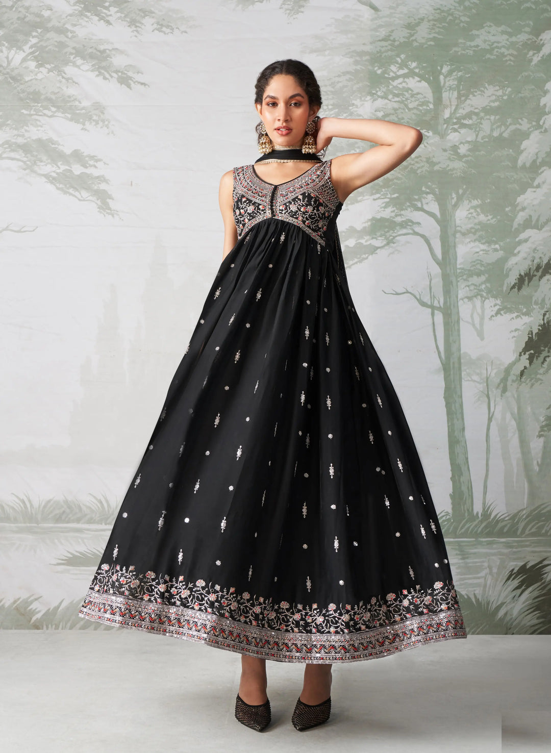 Black Multi Thread Embroidered Georgette Anarkali Gown With Dupatta - qivii