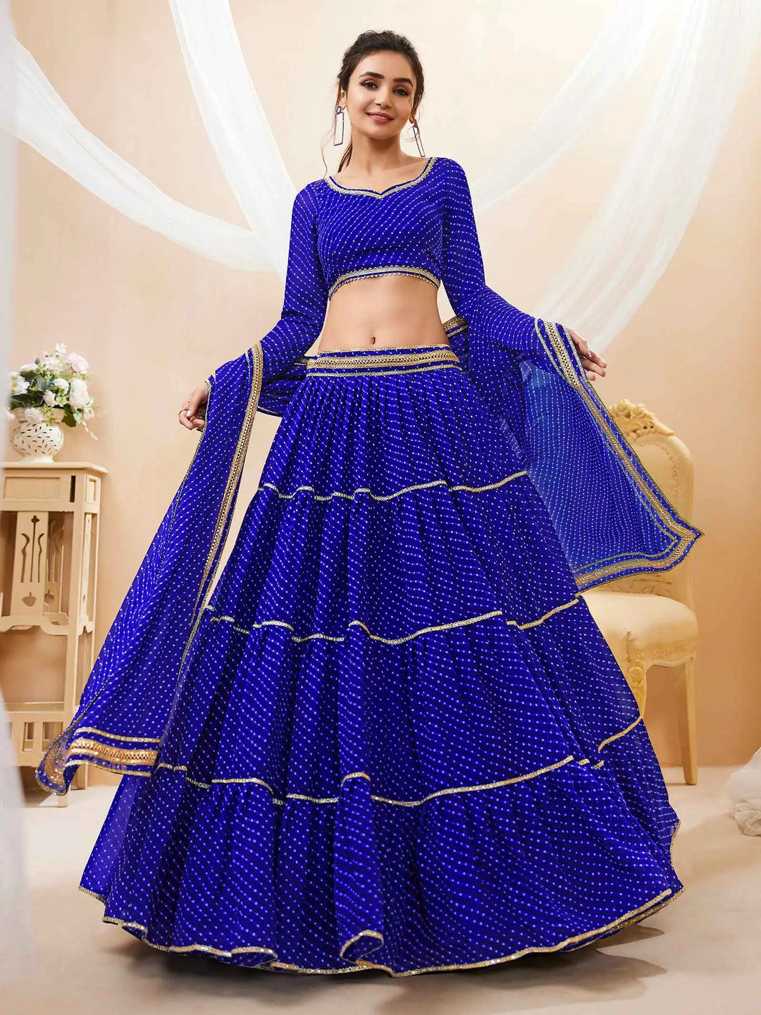 Blue Georgette Leheriya Print Lehenga With Lace All Over Work | Ready To Wear - qivii