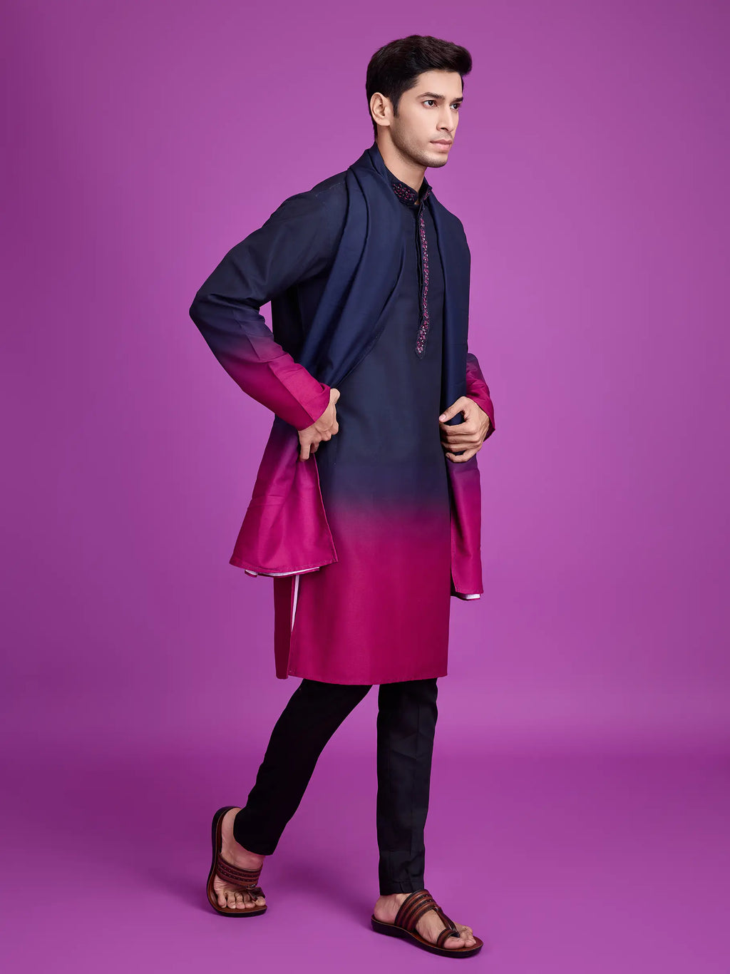 Navy Blue & Pink Rayon Kurta With Hand Mirror Work